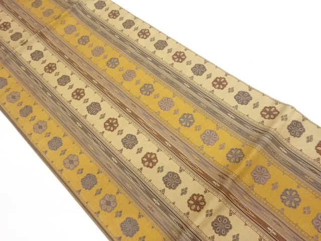 縞に花々・菱模様織出し開き名古屋帯（額縁仕立て）